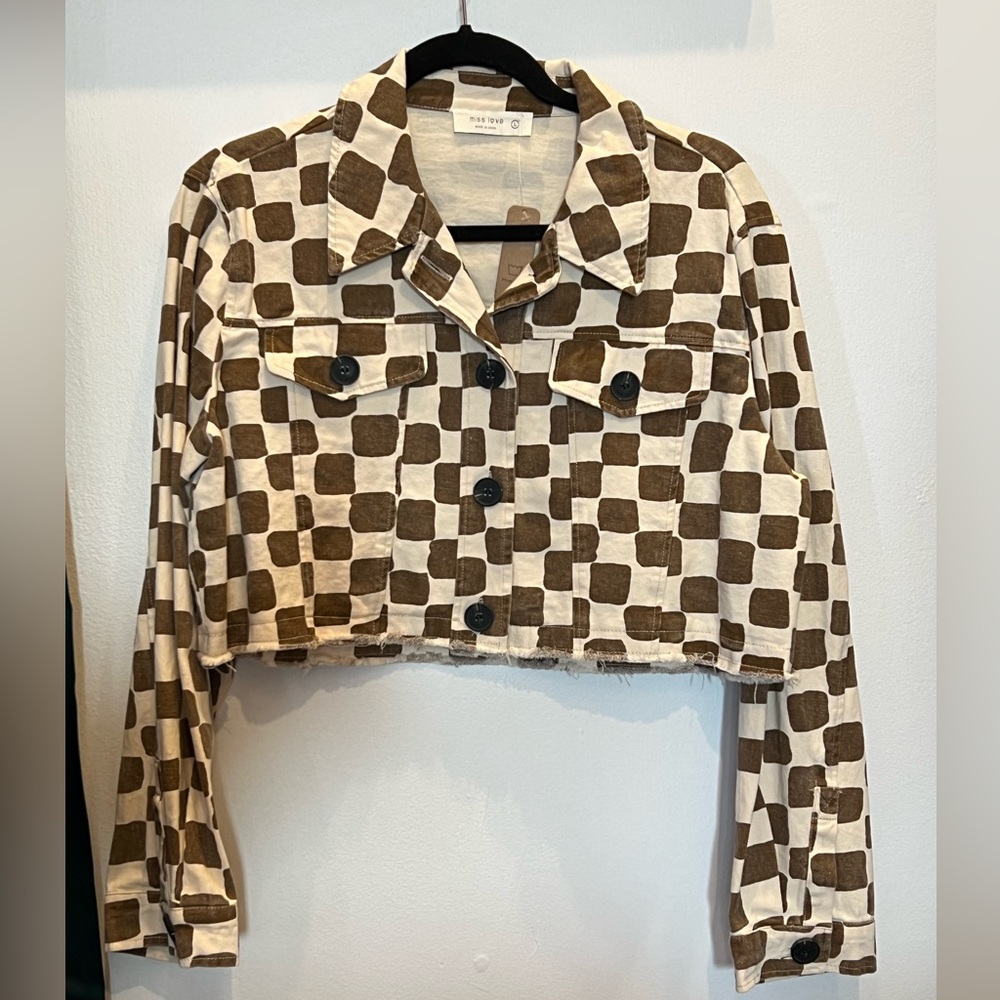 Miss Love brown and cream cropped checkered jacket
